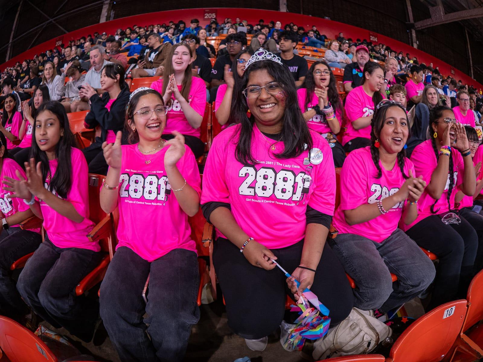 FIRST Robotics Competition team 2881, the Lady Cans, cheering at the 2026 Texas District Championship